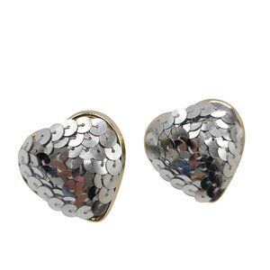 Vintage 1980s Heart Shaped Gold-Tone Post Back Earrings With Silver Sequin